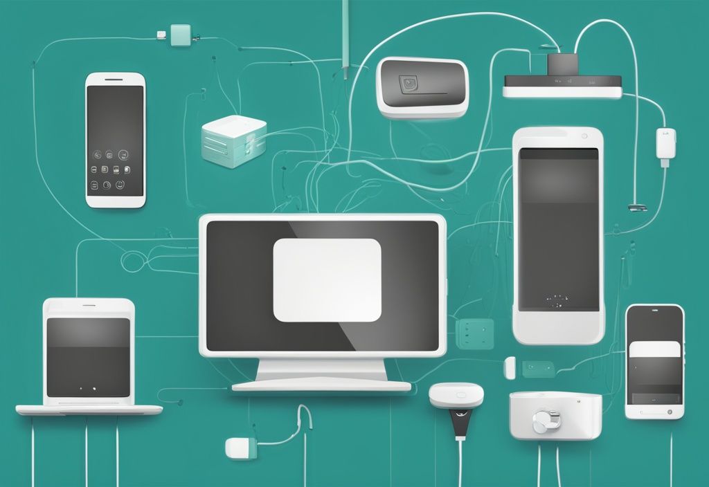 Teal-themed illustration of interconnected smart devices including smartphone, smartwatch, smart speaker, and smart TV, representing smart device integration.