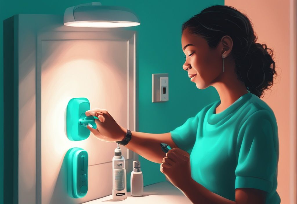 Teal-themed illustration of a person using a screwdriver to adjust a motion sensor light, demonstrating how to trick a motion sensor to stay on.