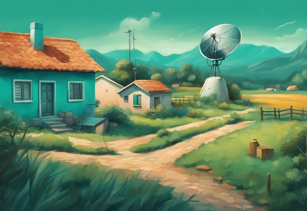 Teal-themed rural landscape with a house and satellite dish installation, illustrating how to get internet in rural areas.