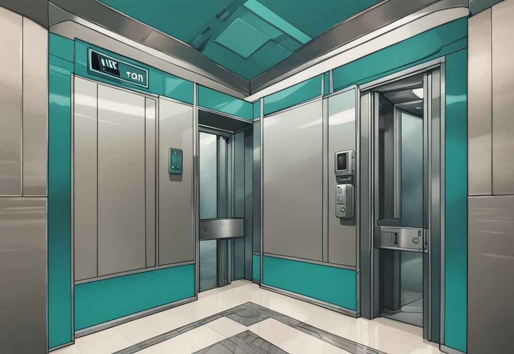 Realistic teal-themed elevator interior with a visible security camera in the corner.