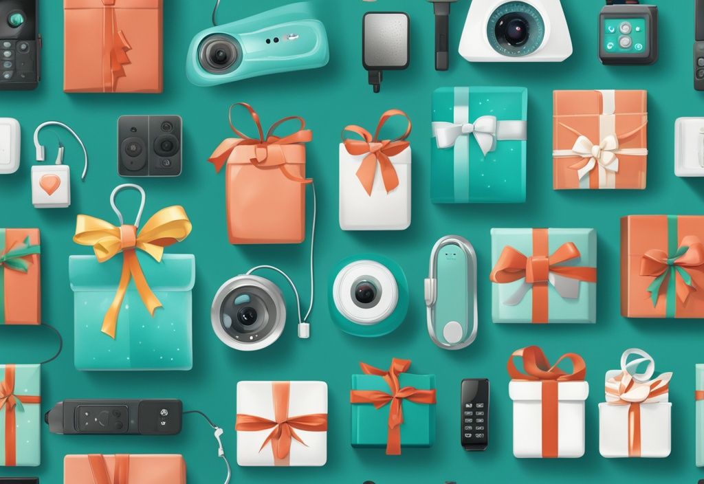 Gift ideas for home security nerds featuring teal-themed tech gadgets like a smart lock, security camera, alarm system, and motion sensor lights, all wrapped with festive bows.