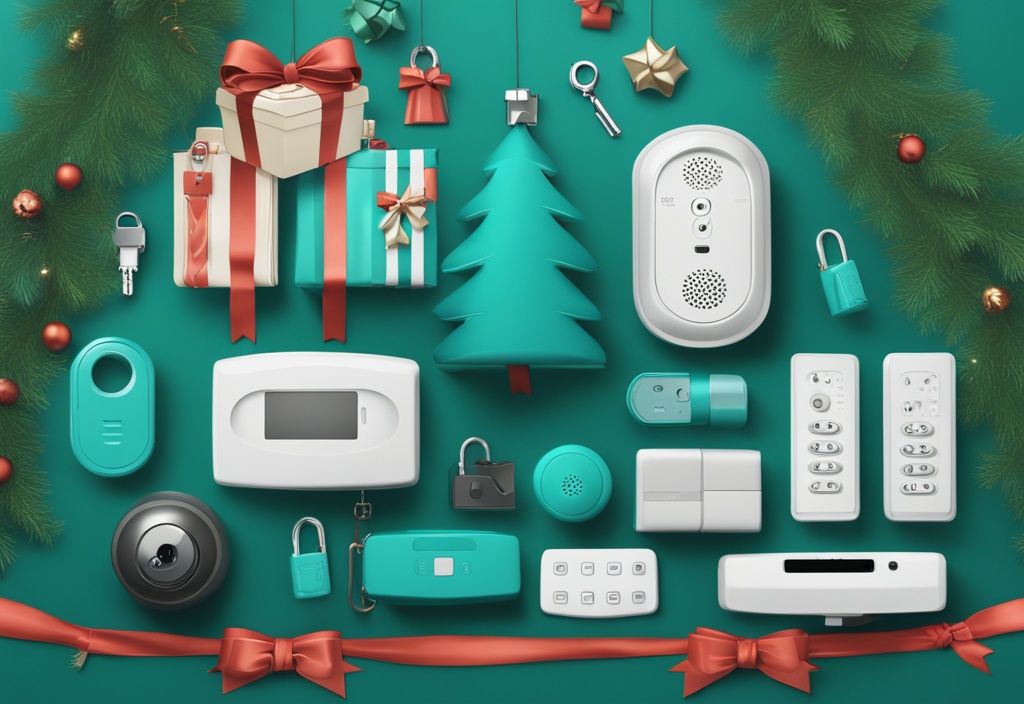 Festive home security gadgets like smart locks, surveillance cameras, and alarm systems under a teal-themed tree.