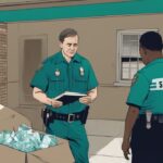 Teal-themed illustration of a distressed homeowner discussing a police report for a stolen package with an officer, with an open empty package in the background.