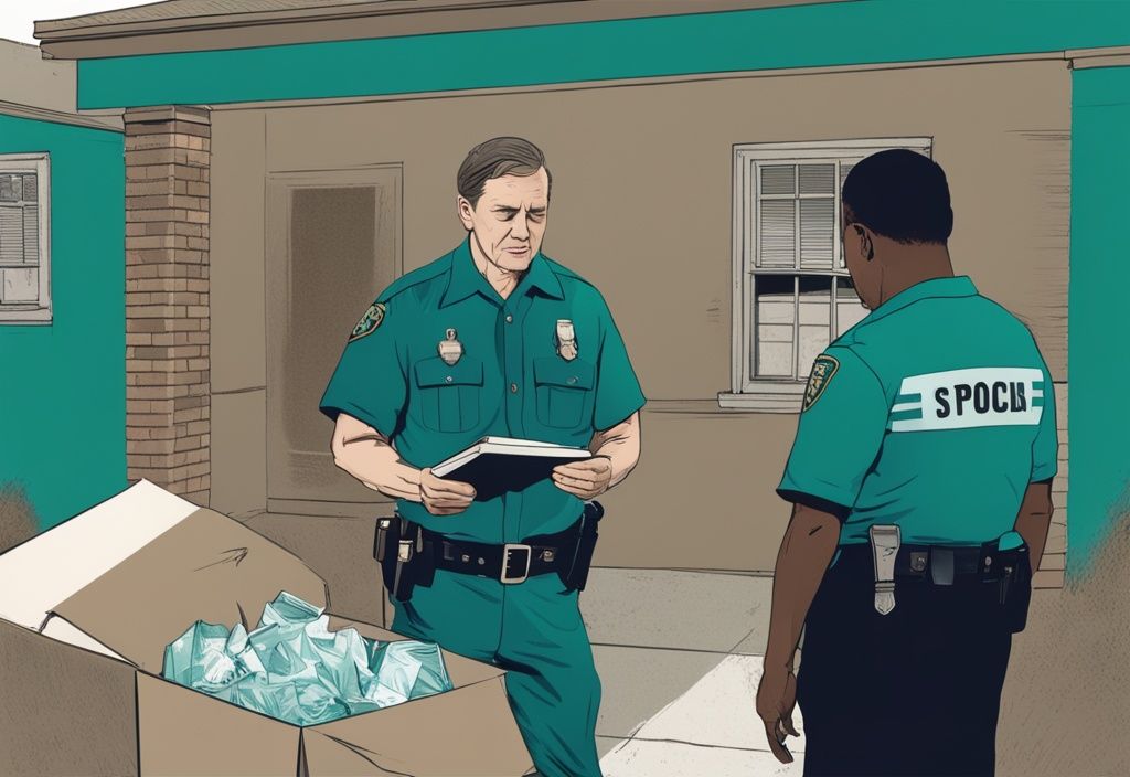 Teal-themed illustration of a distressed homeowner discussing a police report for a stolen package with an officer, with an open empty package in the background.