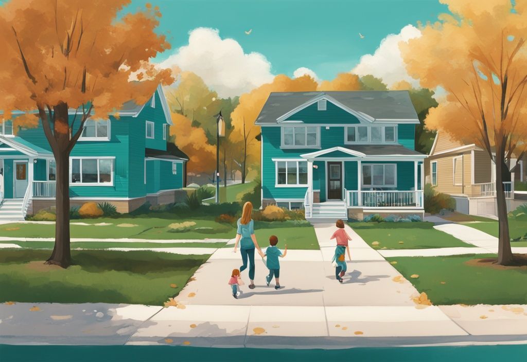 Teal-themed illustration of a safe Minnesota neighborhood with children playing in a park, people walking on sidewalks, and well-kept houses in the background.