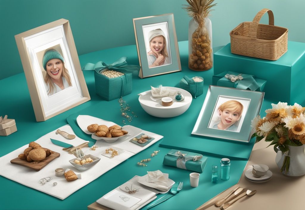 Teal-themed creative gift ideas for parents, featuring personalized jewelry, custom family portrait, gourmet food basket, and high-tech gadget on a display table.