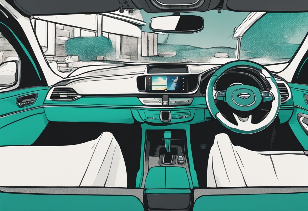 Teal-themed car interior showcasing where to mount a dash cam on the windshield behind the rear-view mirror.