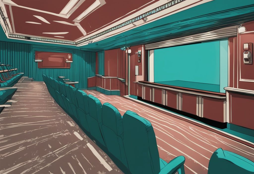 Realistic teal-themed movie theater interior with strategically placed hidden security cameras