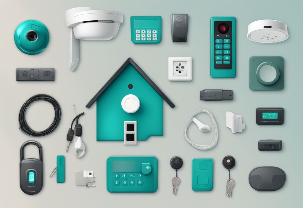 Teal-themed illustration of essential home security system components: CCTV camera, alarm system, motion detectors, and smart locks, highlighting what should be part of my home security system.