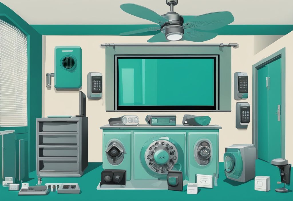 Teal-themed home security system illustration featuring control panel, outdoor cameras, door and window sensors, and high-decibel alarm.