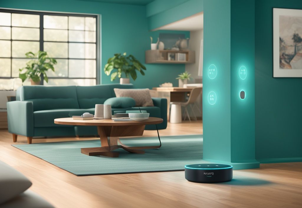 Teal-themed modern living room featuring an Amazon Alexa device interacting with Z-Wave enabled smart home devices like lights, thermostat, and security system. Alexa Z-Wave integration.