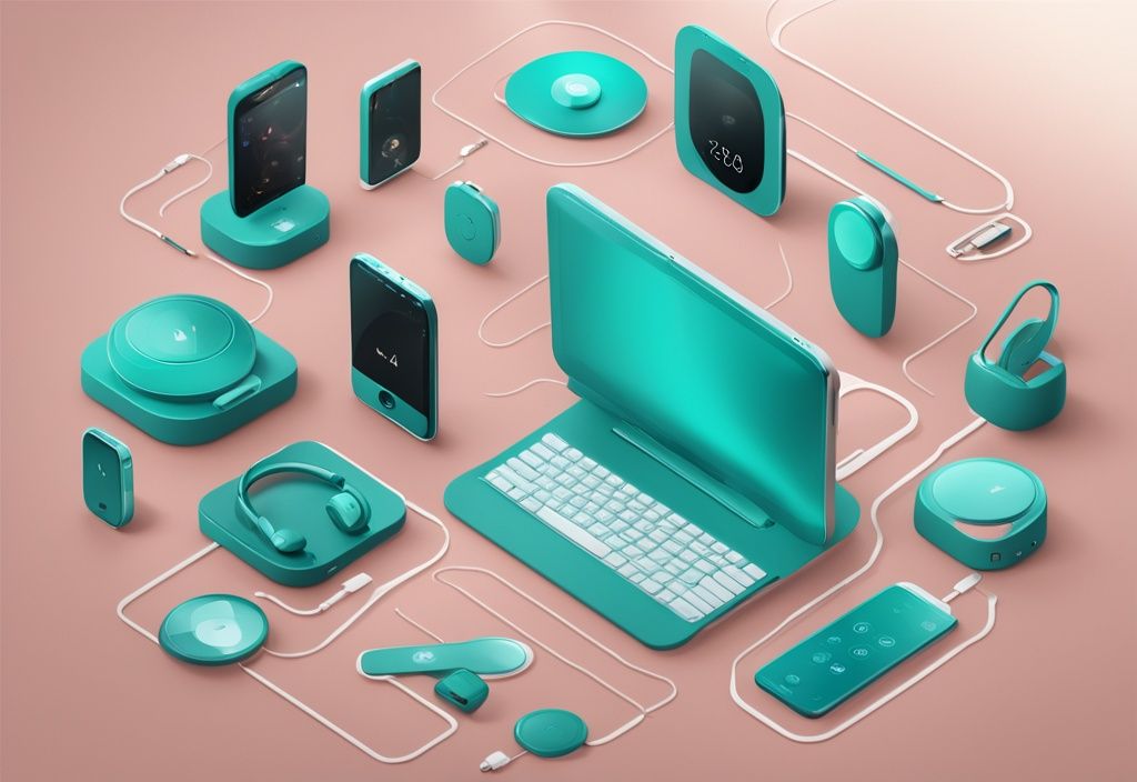 Teal-themed illustration of smart device integration, featuring interconnected smartphone, smartwatch, smart speaker, and smart TV with a central hub.