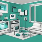 Realistic illustration of a home security system featuring teal-themed components such as a CCTV camera, alarm system, motion detectors, and smart locks, showcasing what should be part of my home security system.