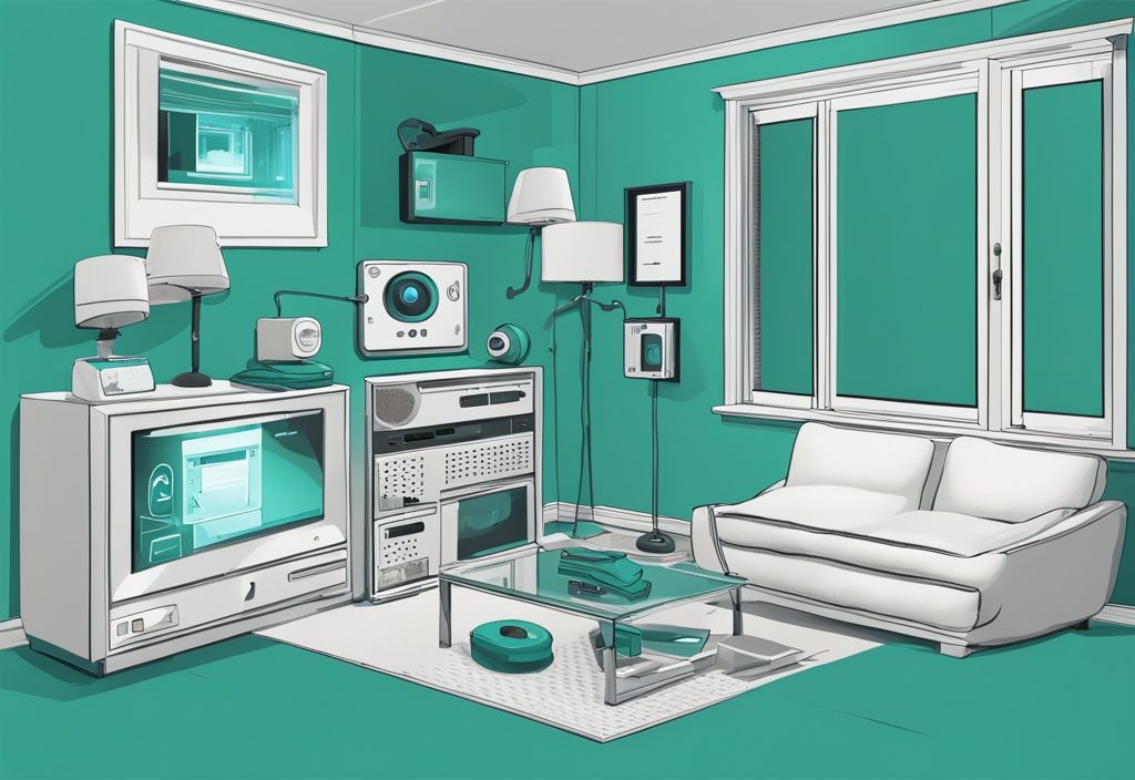 Realistic illustration of a home security system featuring teal-themed components such as a CCTV camera, alarm system, motion detectors, and smart locks, showcasing what should be part of my home security system.