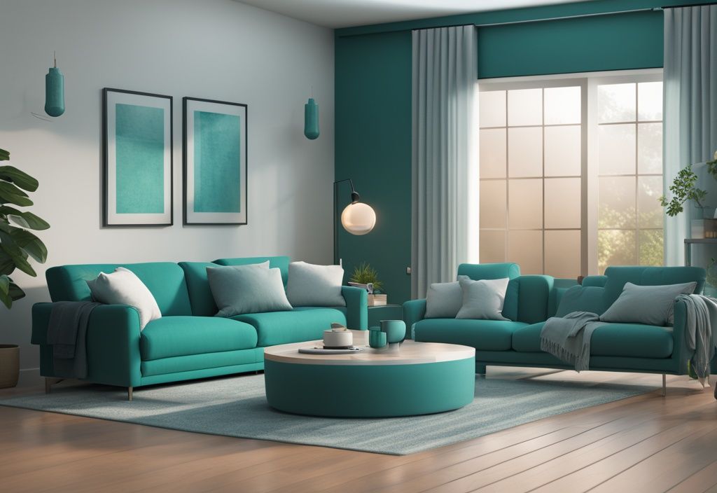 Teal-themed modern living room with Alexa managing Z-Wave smart home devices, including lights, thermostat, and security system.