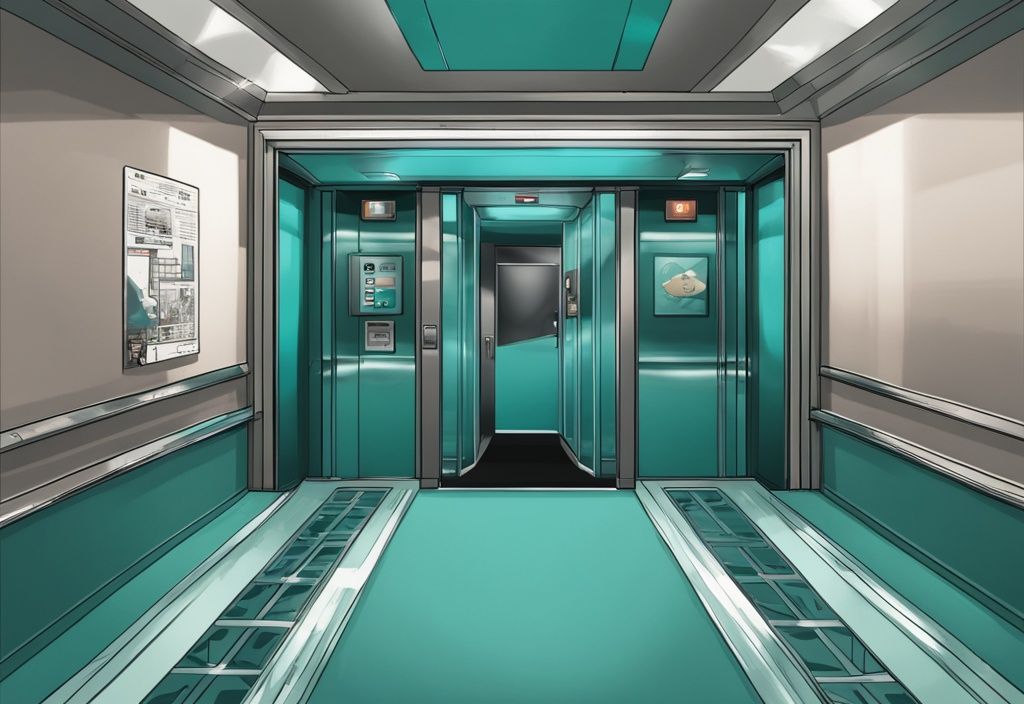 Realistic teal-themed elevator interior with a security camera in the corner