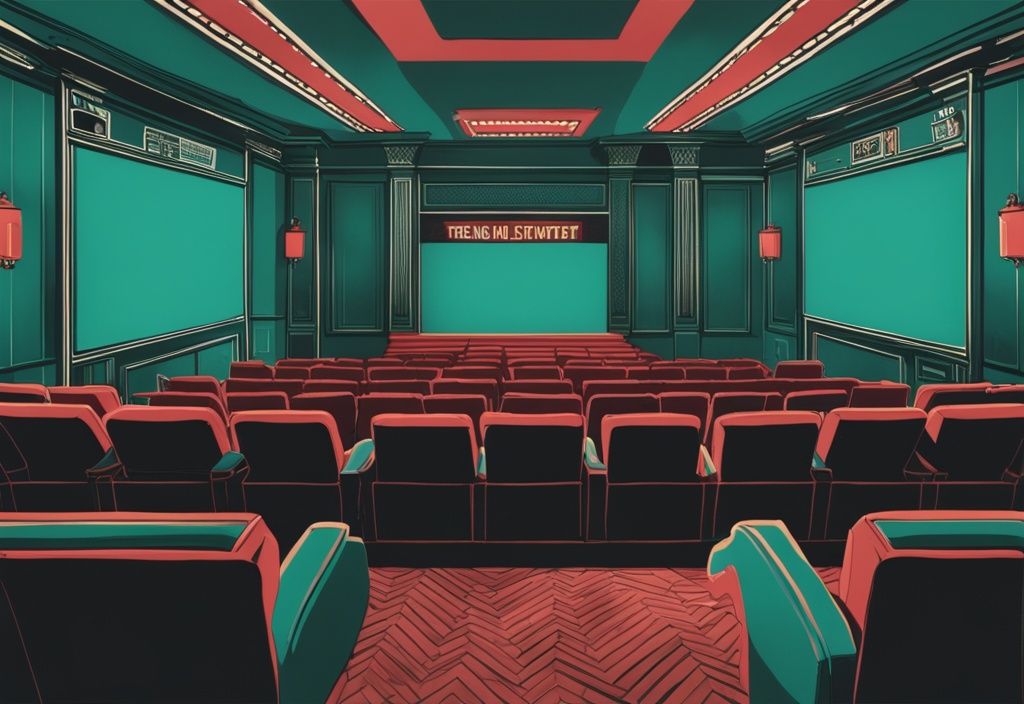 Realistic illustration of a teal-themed movie theater interior with discreetly placed hidden cameras, addressing the question: do movie theaters have cameras.