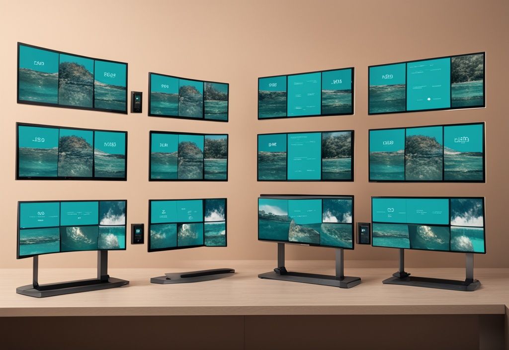 Comparison of UHD, HD, and SD picture quality on three side-by-side screens with a teal color theme.