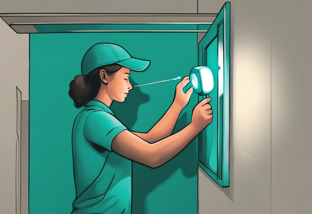 Teal-themed illustration of a person using a screwdriver to adjust a motion sensor light, demonstrating how to trick a motion sensor to stay on.