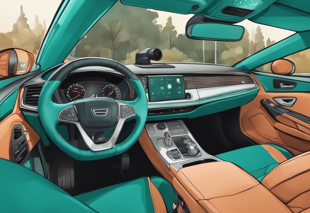 Teal-themed car interior with dash cam mounted on windshield, ideal placement demonstration.