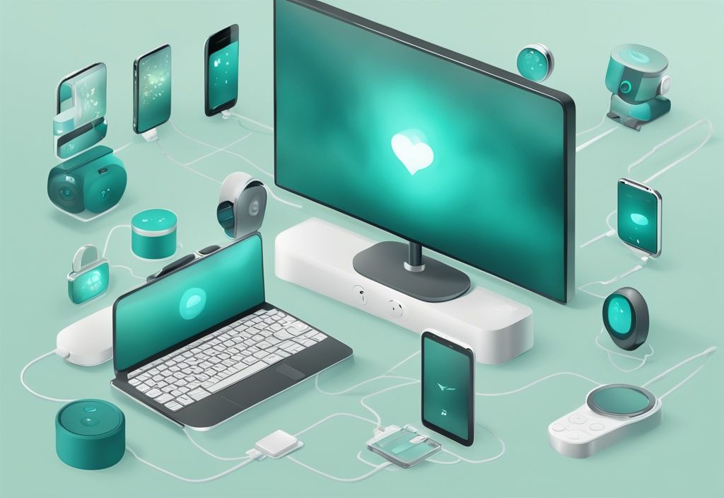 Teal-themed illustration of interconnected smart devices including a smartphone, smartwatch, smart speaker, and smart TV, symbolizing smart device integration.