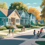 Serene neighborhood scene in one of the safest cities in Minnesota, featuring children playing in a park, people on sidewalks, and well-maintained houses under a clear blue sky with a teal color theme.