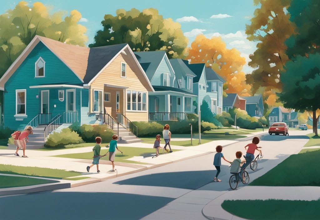 Serene neighborhood scene in one of the safest cities in Minnesota, featuring children playing in a park, people on sidewalks, and well-maintained houses under a clear blue sky with a teal color theme.