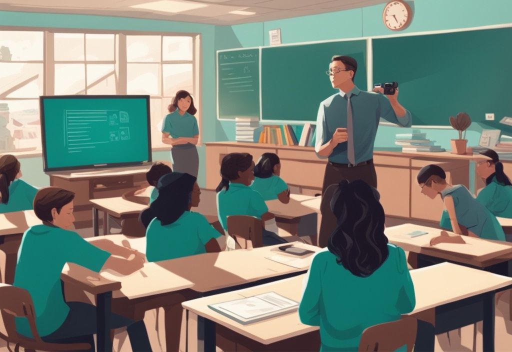 Teal-themed classroom scene with a hidden camera in the corner, featuring a teacher and students focused on their work, exploring the question: is it illegal to have a camera in a classroom?