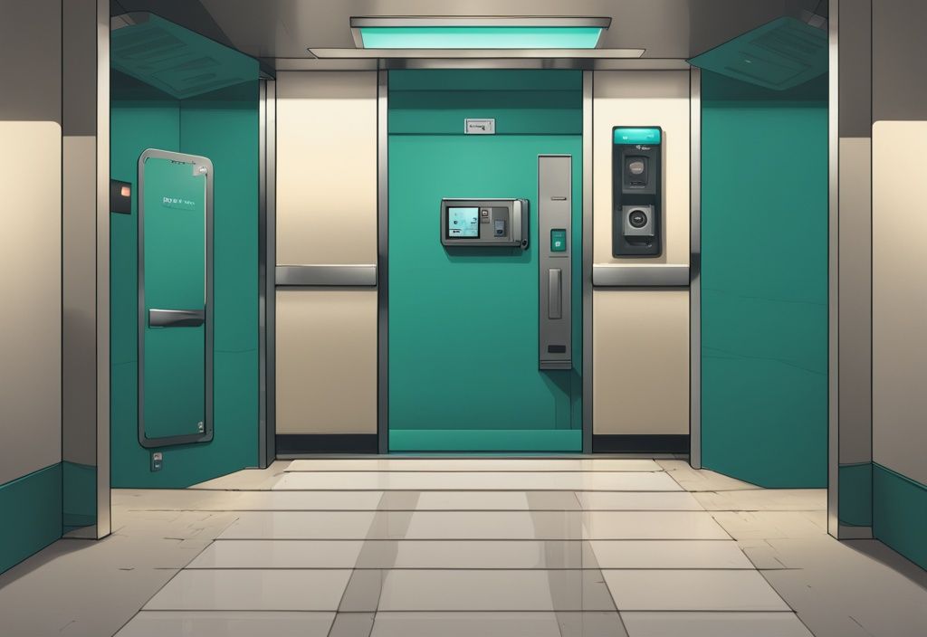 Realistic teal-themed elevator interior with a visible security camera, addressing the question: are there cameras in elevators?