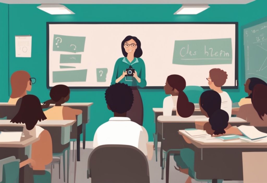 Teal-themed classroom scene with wall-mounted camera, teacher, students, and a question mark above the camera.