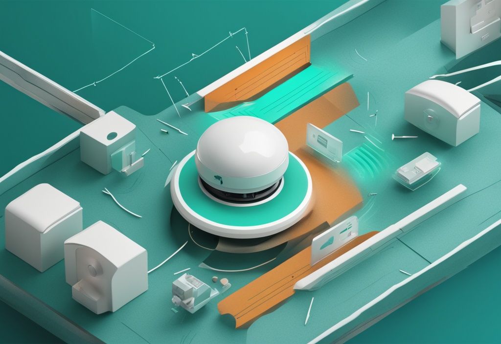 Teal-themed cutaway illustration of a motion sensor with labeled components and arrows demonstrating movement detection process.