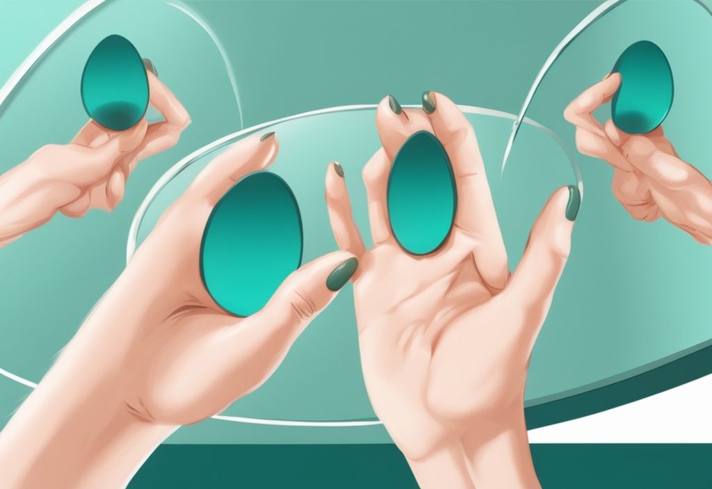 Realistic teal-themed illustration of a person performing the fingernail test on a mirror with a clear reflection.