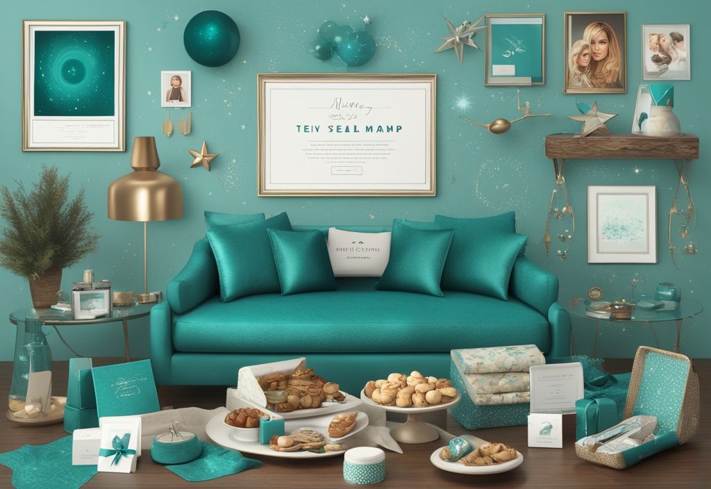 Realistic illustration of unique gifts for parents who have everything, featuring a teal theme with personalized star map, gourmet food basket, high-end tech gadget, and custom family portrait wrapped as luxurious gifts.