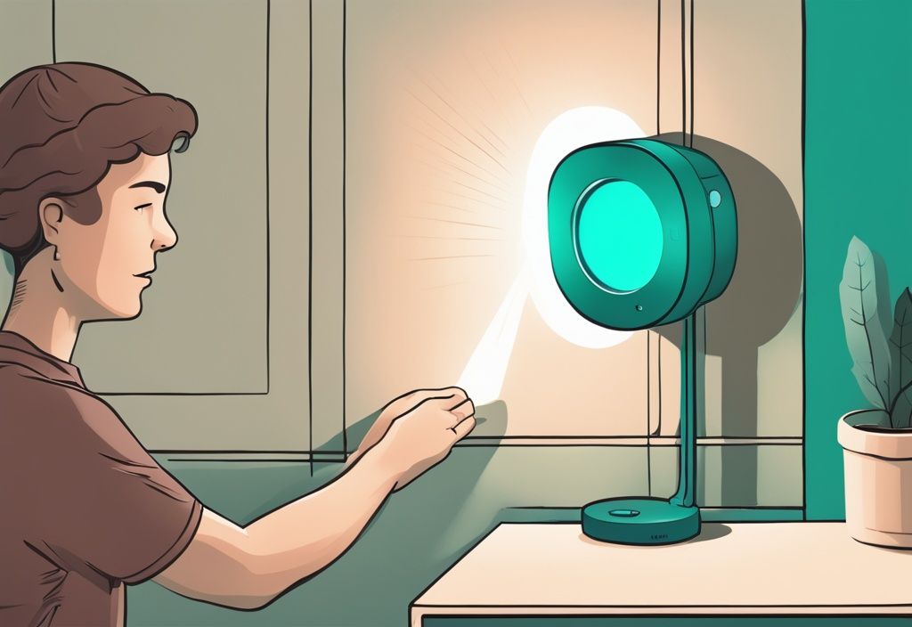 Teal-themed illustration of hands resetting a motion sensor light with a manual, demonstrating how to reset motion sensor lights.