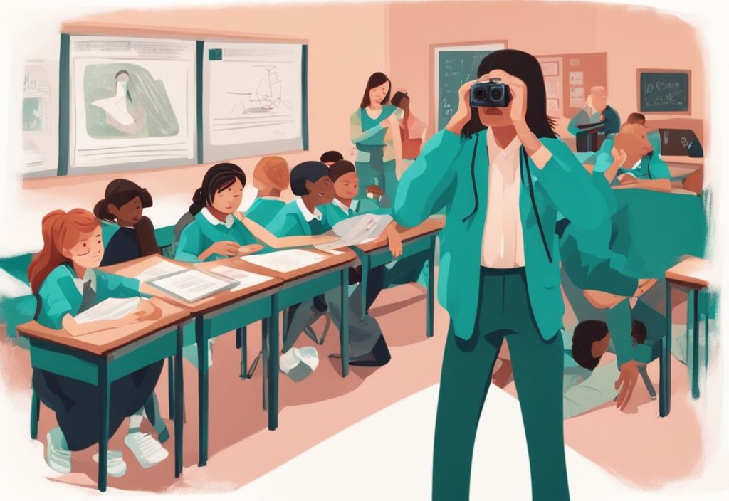 A teal-themed classroom scene with a hidden camera in the corner, featuring a teacher and students focused on their work, raising the question: is it illegal to have a camera in a classroom?