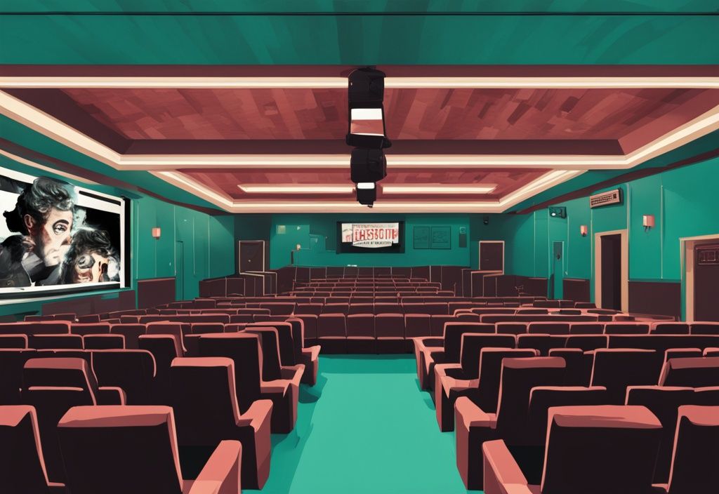 Realistic teal-themed movie theater interior highlighting hidden security cameras.