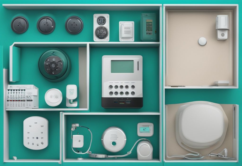 Teal-themed realistic illustration of a home security system with control panel, outdoor cameras, door and window sensors, and high-decibel alarm.