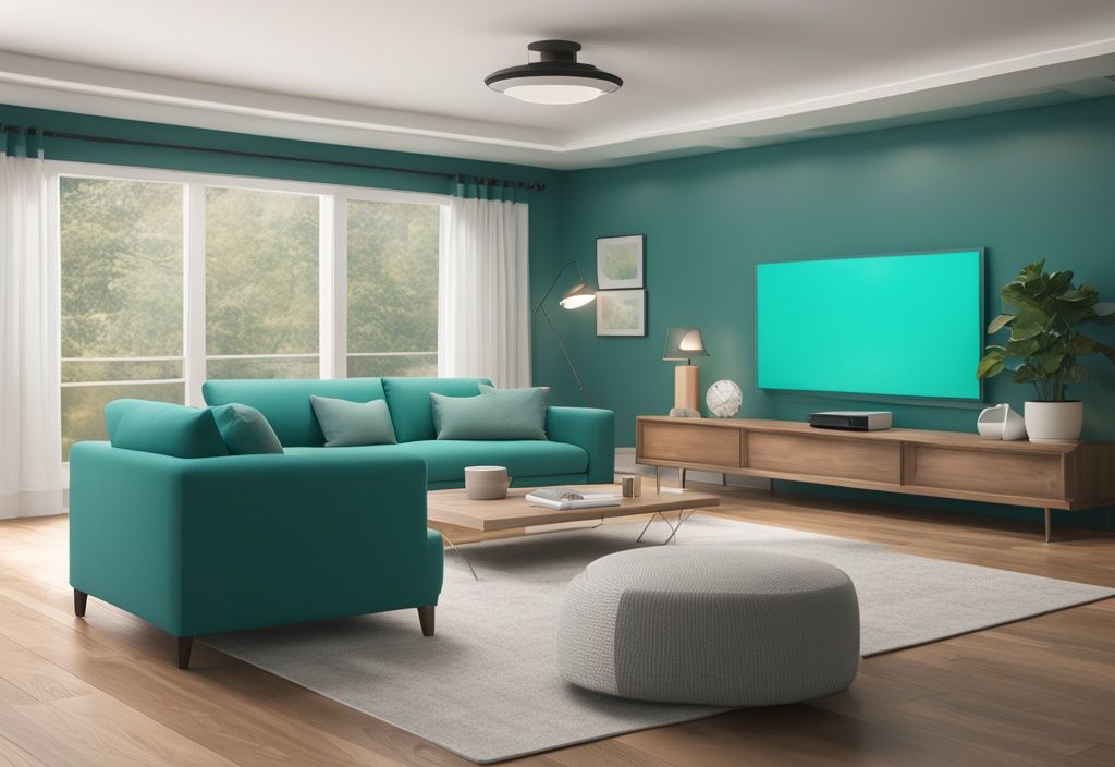 Teal-themed modern living room with Alexa managing Z-Wave smart home devices including lights, thermostat, and security system.