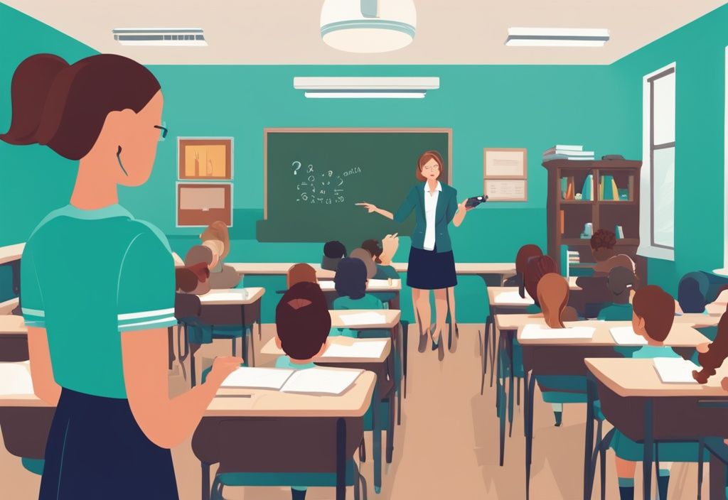 Teal-themed classroom illustration with wall-mounted camera, teacher, students, and question mark over camera.