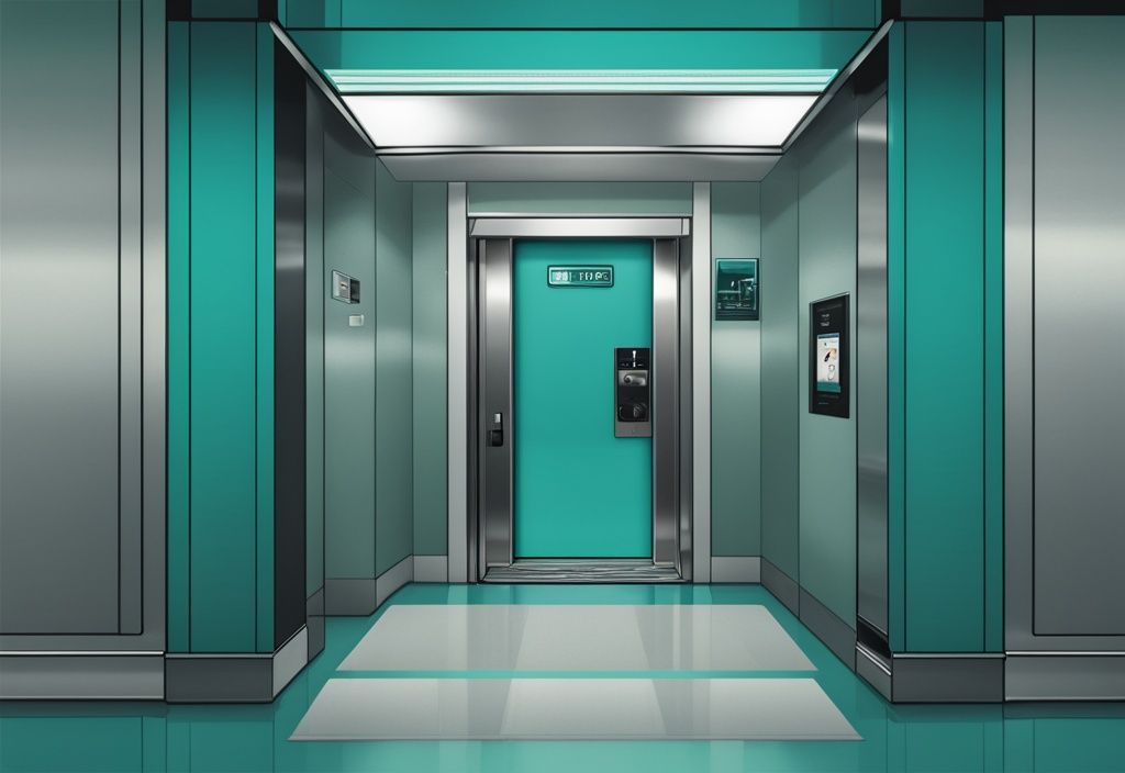 Teal-themed elevator interior with a security camera in the corner, addressing the question: are there cameras in elevators?