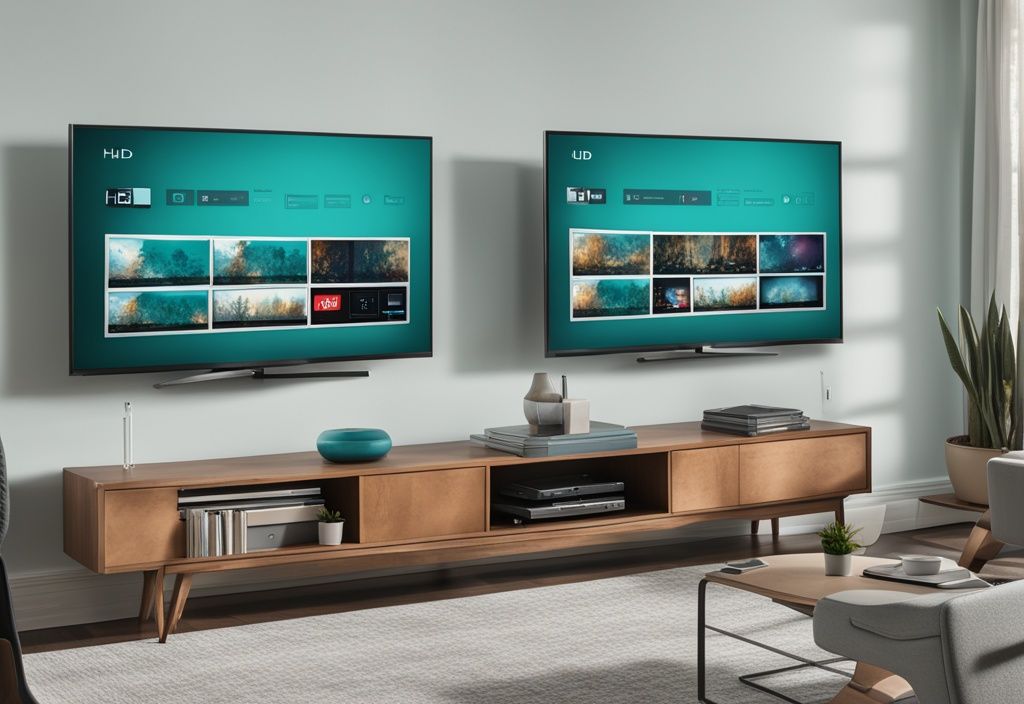 Illustration showing what's the difference between UHD, HD, and SD picture quality with three teal-themed televisions side by side.