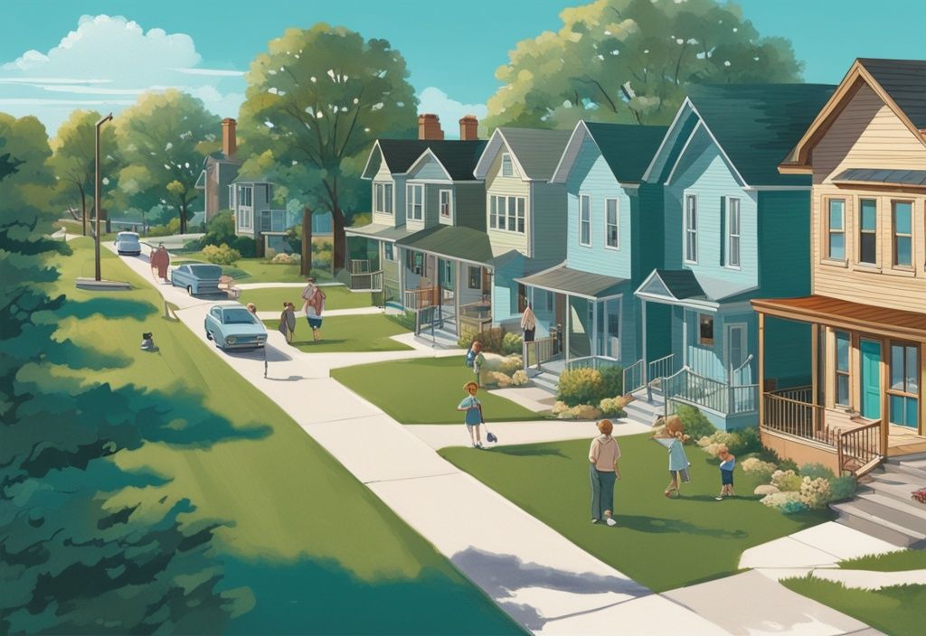 Serene panorama of one of the safest cities in Minnesota, featuring children playing in a park, people strolling on sidewalks, and well-maintained houses under a clear blue sky, with a teal color theme.