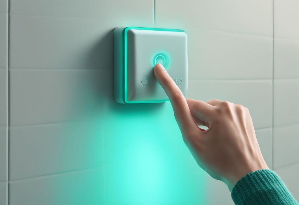 Hand pressing reset button on teal-themed motion sensor light mounted on wall