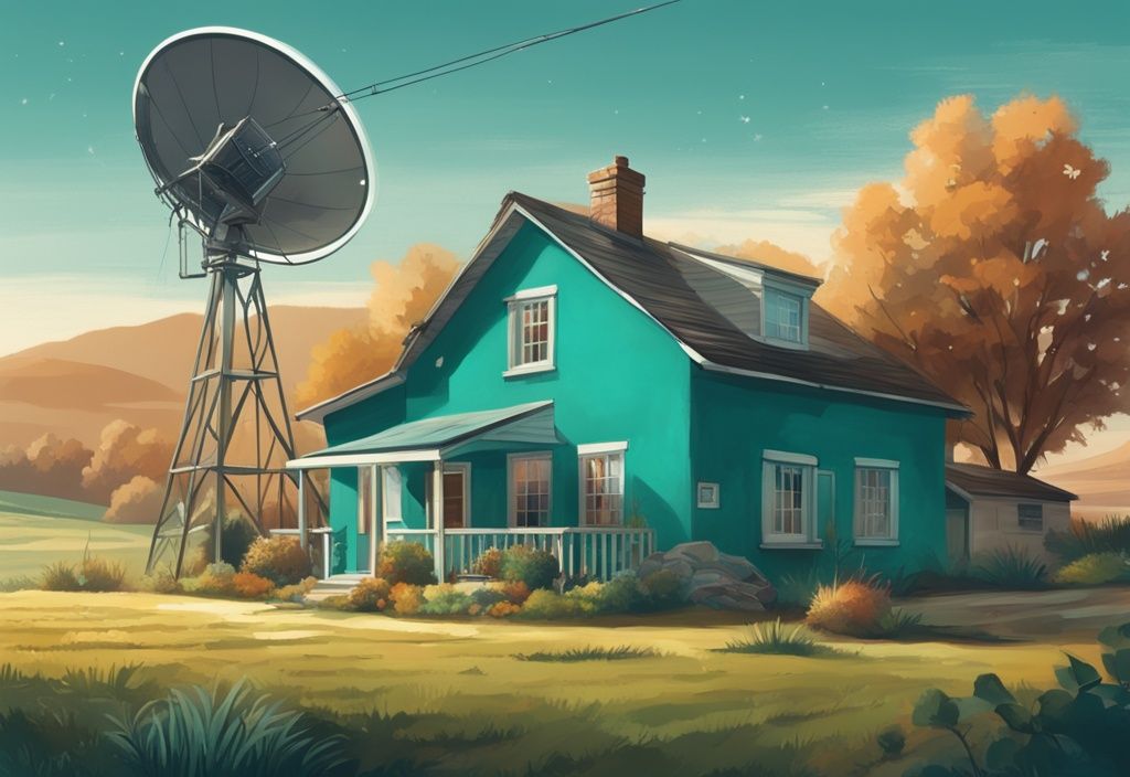 Teal-themed rural landscape with farmhouse and satellite dish for internet connectivity