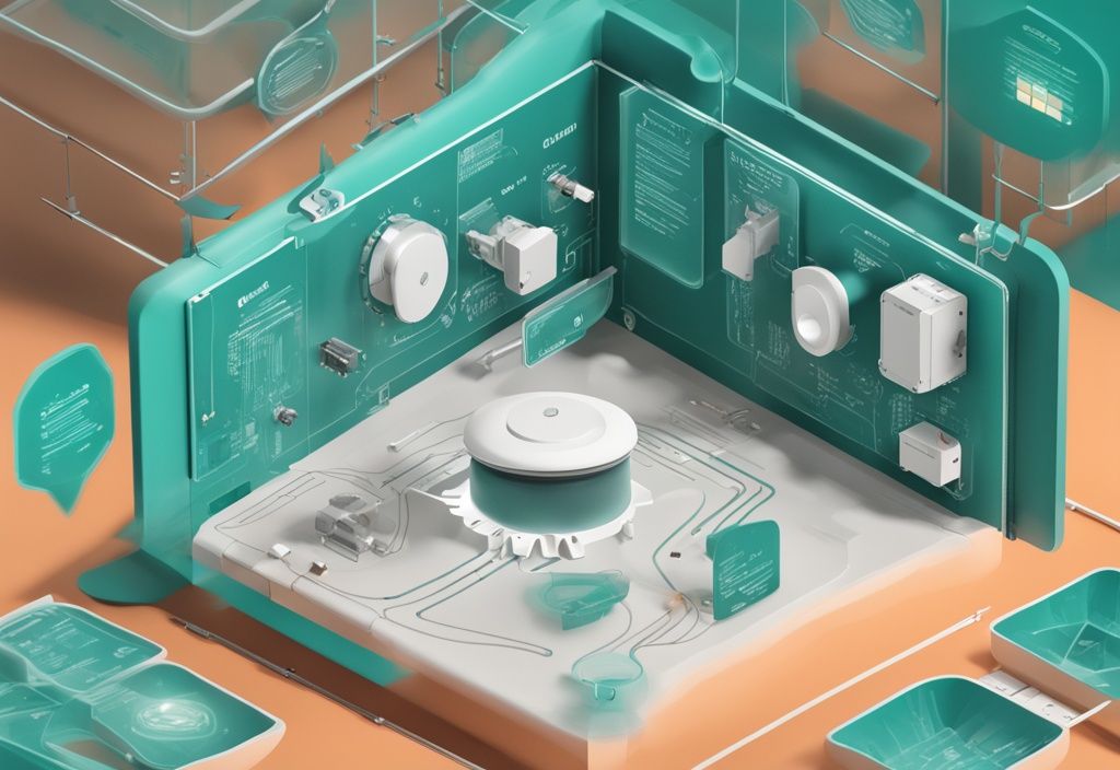 Cutaway view of teal-themed motion sensor, showcasing inner components and labeled arrows illustrating movement detection process.