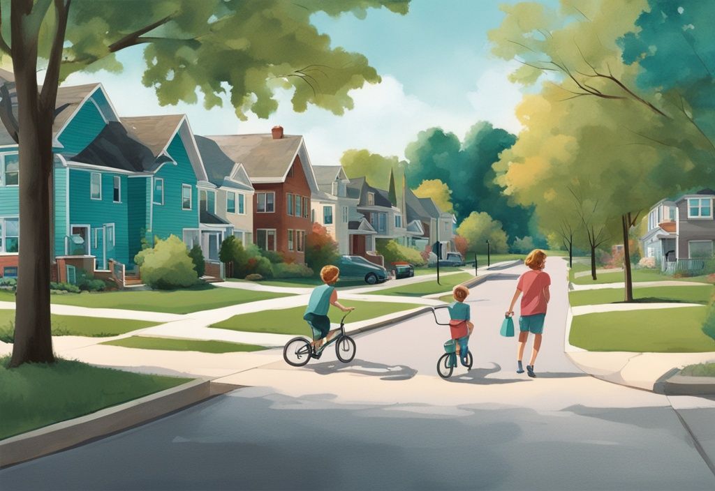 Realistic illustration of a family-friendly neighborhood in Minnesota with children playing in a park, people strolling on sidewalks, and well-maintained houses, main color theme teal.