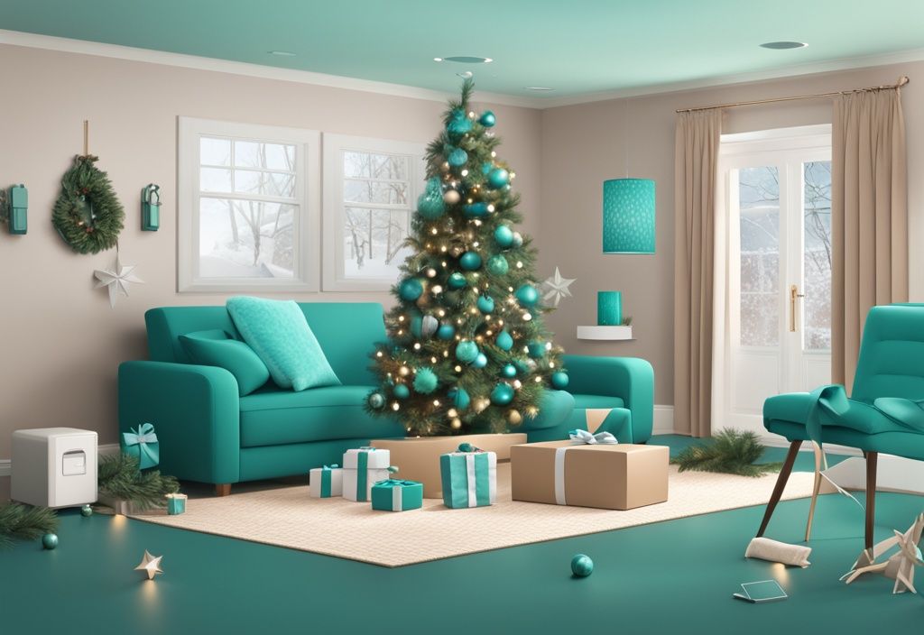 Teal-themed illustration of home security gadgets like smart locks, surveillance cameras, and alarm systems wrapped as gifts under a festive tree.