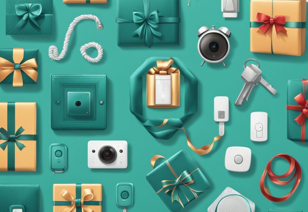 Gift ideas for home security nerds featuring a teal-themed illustration of tech gadgets like a smart lock, security camera, alarm system, and motion sensor lights, all wrapped with festive bows.