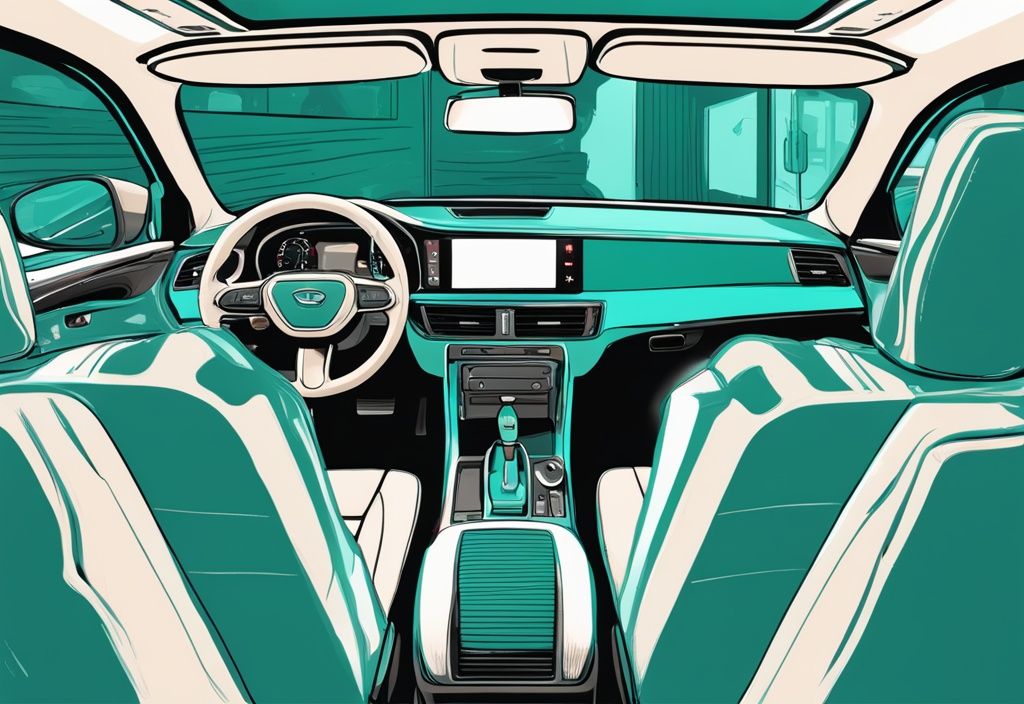 Teal-themed car interior with windshield view, featuring a dash cam mounted centrally for optimal placement.