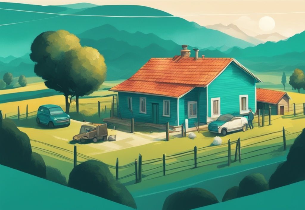 Teal-themed rural landscape with a house and satellite dish installation, symbolizing efforts to get internet in rural areas.